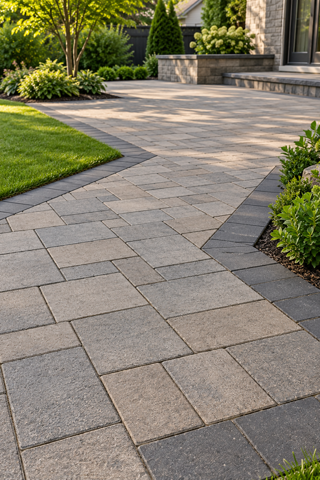 Illustrative interlocking stone walkway with a charcoal border and garden planting